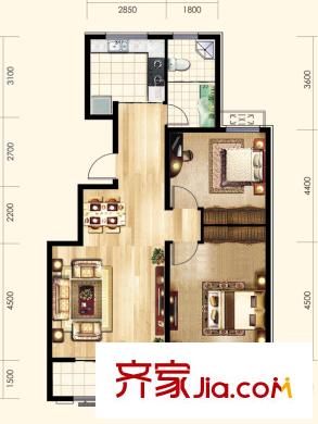 三名嘉禾園戶(hù)型圖1、2號(hào)樓標(biāo)準(zhǔn)層B1戶(hù)型 2室2廳1衛(wèi)1廚