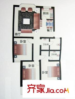 濼口花園戶型圖DC-A 3室2廳1衛(wèi)2廚