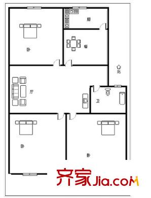 七里河房管局宿舍 3居室 戶型圖