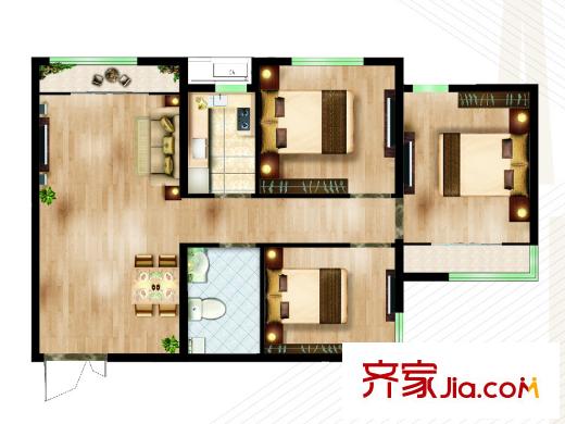 盧浮商務(wù)中心戶(hù)型圖D-1地塊公寓H戶(hù)型  3室2廳1衛(wèi)1廚