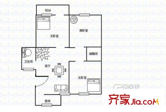 閆千戶鐵路宿舍 3居室 戶型圖