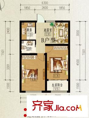 山泉印象戶型圖B戶型 2室2廳1衛(wèi)1廚