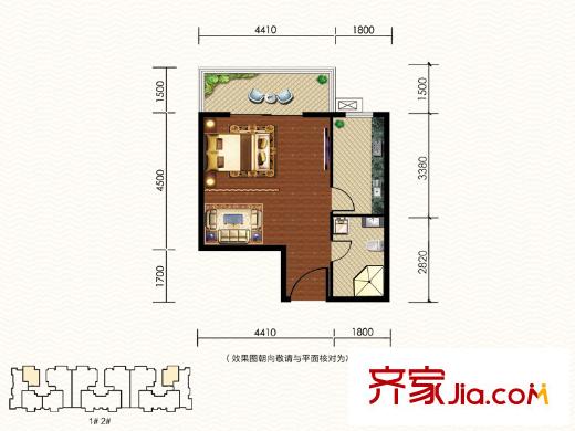 融基?御水山莊1、2號樓標(biāo)準(zhǔn)層戶型圖 1室1廳1衛(wèi)1廚