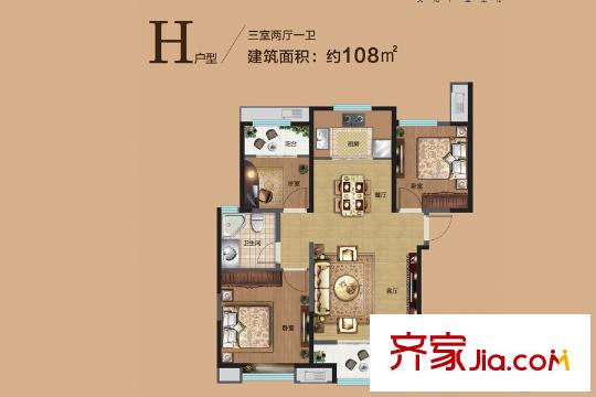 融匯城1、2#樓H戶型 3室2廳1衛(wèi)1廚