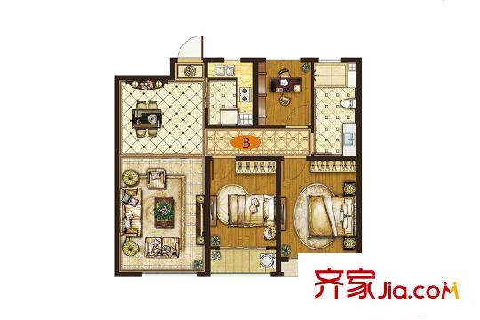 財富中心B2地塊66號樓標(biāo)準(zhǔn)層B戶型 3室2廳1衛(wèi)1廚