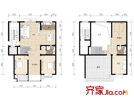陽(yáng)明山莊戶型圖E2戶型復(fù)式 3室4廳2衛(wèi)1廚