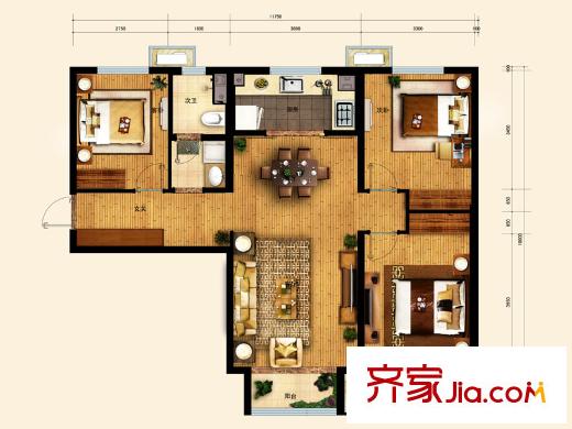萬科麓山(萬科天泰金域國際二期)2、3#樓A戶型圖 3室2廳1衛(wèi)1廚