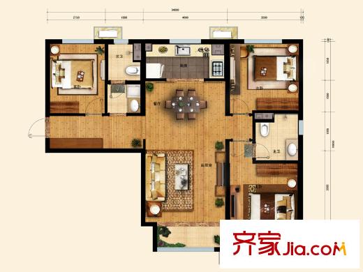 萬(wàn)科麓山(萬(wàn)科天泰金域國(guó)際二期)1、2、3#樓B戶型圖 3室2廳2衛(wèi)1廚
