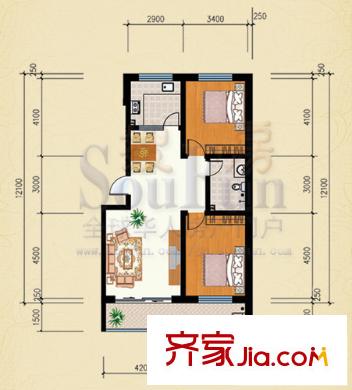 王冠花園戶型圖A戶型 2室2廳1衛(wèi)