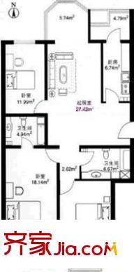 工業(yè)北路浪潮宿舍 3室 戶型圖
