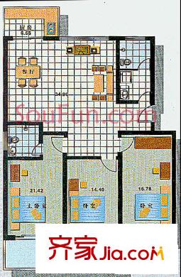 鴻苑雅士園戶型圖3室2廳2衛(wèi)1廚