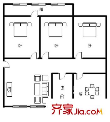 二輕廳單位宿舍 3室 戶型圖