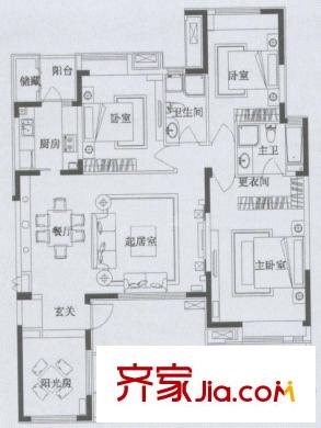 海那城戶型圖四居室戶型 4室2廳2衛(wèi)1廚