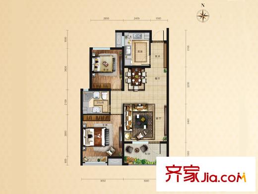 濟南高新萬達廣場一期1-5#樓標準層A2戶型 2室2廳1衛(wèi)1廚