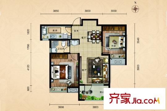 濟南高新萬達廣場二期6#7#樓A1戶型 2室2廳1衛(wèi)1廚