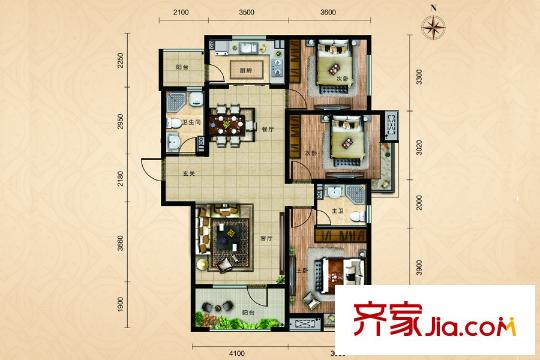 濟南高新萬達廣場二期6#7#樓C2戶型 3室2廳2衛(wèi)1廚