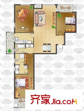 東方新天地花園戶型圖1，2號(hào)樓A戶型 3室2廳2衛(wèi)1廚