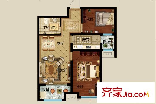 祥泰?和院2#樓R戶型 2室2廳1衛(wèi)1廚