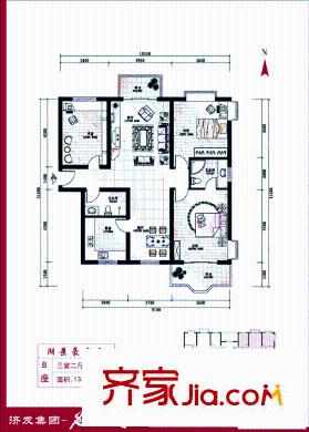 名士閣戶型圖3室2廳2衛(wèi)1廚