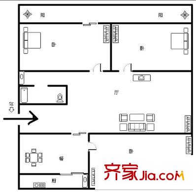 貢院墻根街宿舍 3室 戶型圖