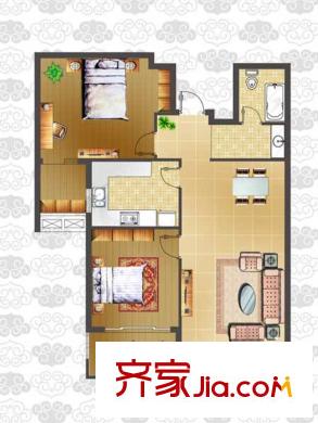 東方新天地花園戶型圖1，2號(hào)樓B戶型 2室2廳1衛(wèi)1廚