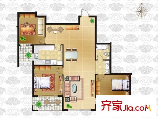 東方新天地花園戶型圖2號(hào)樓E戶型 3室2廳1衛(wèi)1廚