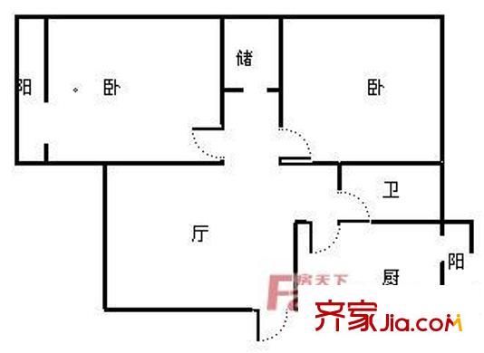 建設路重汽宿舍戶型圖62平邊戶 2室1廳1衛(wèi)1廚
