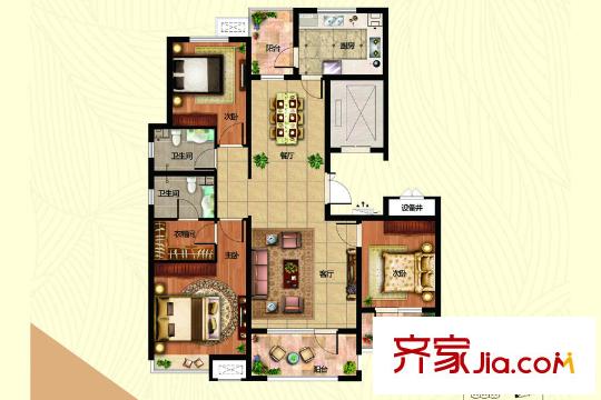 海爾?云世界1地塊2、4、6#E-1戶型 3室2廳2衛(wèi)1廚