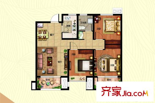 海爾?云世界1地塊2#，2地塊4.5#，4地塊2.4.6#樓B-3戶型 3室2廳1衛(wèi)1廚