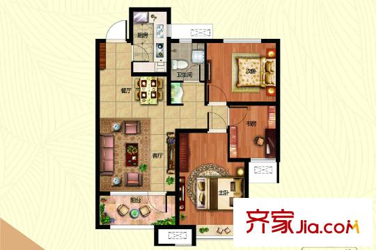 海爾?云世界1地塊3、5#，4地塊1、3、5#樓B-4戶型 3室2廳1衛(wèi)1廚