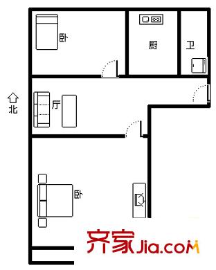 齊魯賓館單位宿舍 2室 戶(hù)型圖