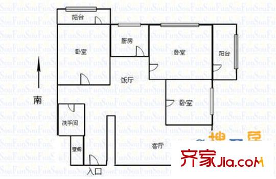 齊魯賓館單位宿舍 3室 戶型圖