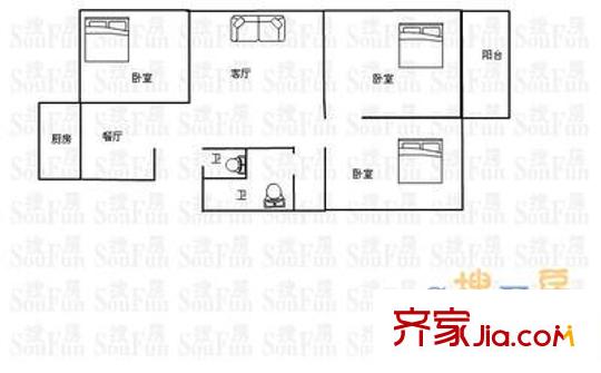 經(jīng)六路市中段宿舍戶型圖經(jīng)六路單位宿舍（市中區(qū)） 3室 戶型圖 3室1廳1衛(wèi)1廚
