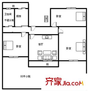 六里山單位宿舍 3室 戶型圖