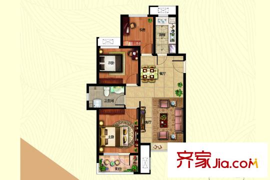 海爾?云世界1、4地塊1、3、5#，2地塊1、2、4#樓B-1戶型 3室2廳1衛(wèi)1廚