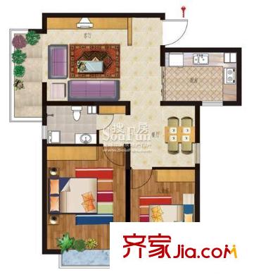 大地銳城B1戶型 2室2廳1衛(wèi)1廚