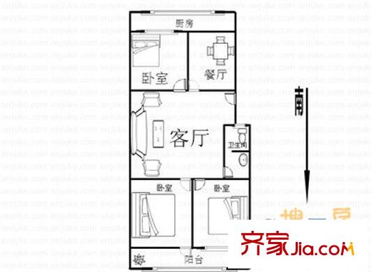 二環(huán)東路單位宿舍 3室 戶型圖