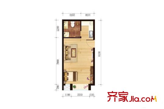 東都國際公寓2號樓戶型五 1室1廳1衛(wèi)1廚