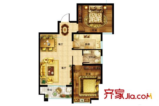 東都國際1#住宅A2戶型 2室2廳1衛(wèi)1廚