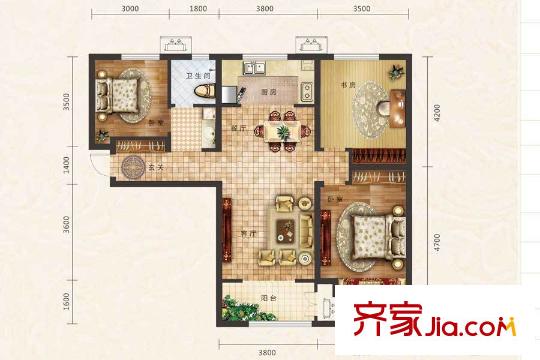 保利中心華府三期1、3號樓F戶型 3室2廳1衛(wèi)1廚