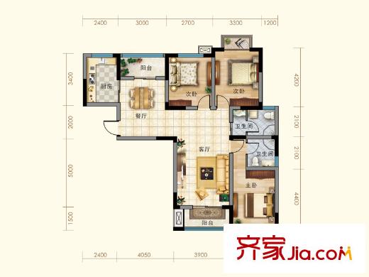 宏瑞國際星城19#樓標準層G1戶型 3室2廳2衛(wèi)1廚