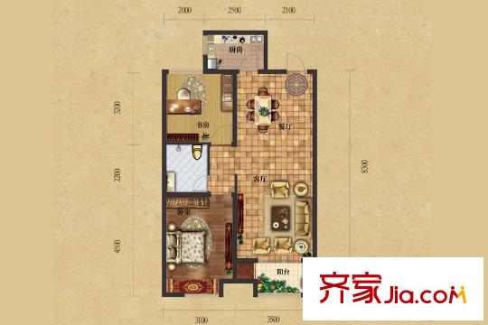 保利中心華府5號(hào)樓H2戶型 2室2廳1衛(wèi)1廚