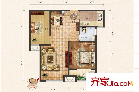 保利中心華府三期1、3號(hào)樓E戶型 2室2廳1衛(wèi)1廚