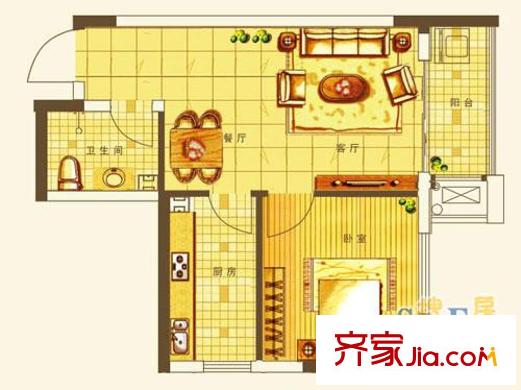文華園戶型圖H戶型（售完） 1室2廳1衛(wèi)1廚