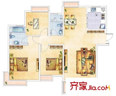 海信都市陽光戶型圖f1戶型 4居室 3室2廳2衛(wèi)