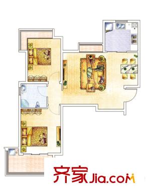 海信都市陽光戶型圖6號樓J戶型 2居室 2室2廳1衛(wèi)