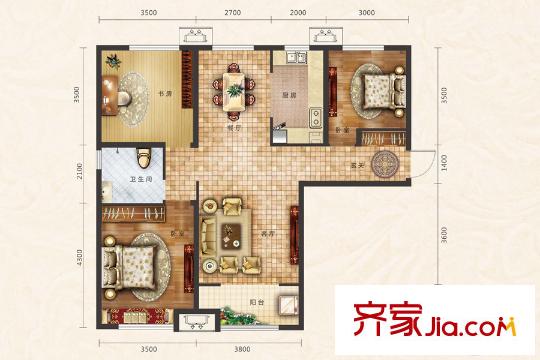 保利中心華府三期1、3號樓D戶型 3室2廳1衛(wèi)1廚