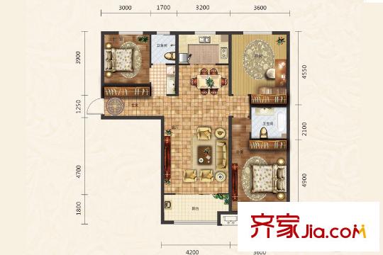保利中心華府三期4號樓A戶型 3室2廳2衛(wèi)1廚