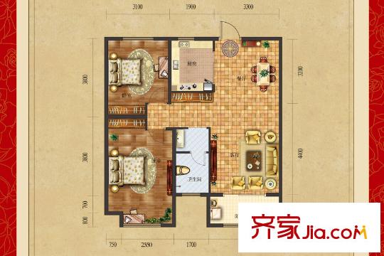 保利中心華府2、4、5號(hào)樓C戶型 2室2廳1衛(wèi)1廚