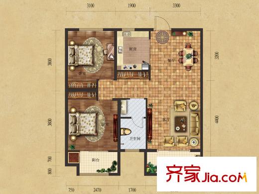 保利中心華府1、3號(hào)樓C戶型 2室2廳1衛(wèi)1廚